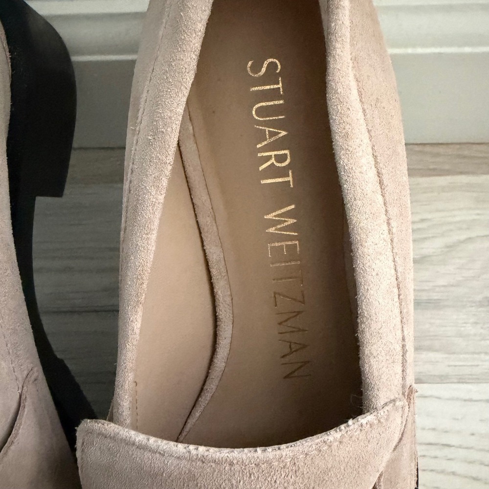 Stuart Weitzman Palmer Beige Suede Penny Loafers Lug Sole Shoes Womens - Picture 3 of 16